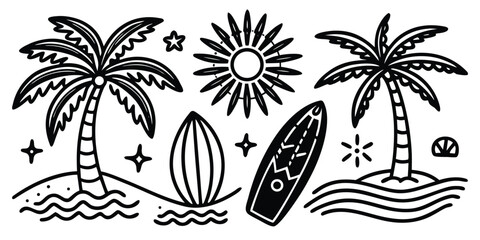 Hand drawn black and white summer beach theme elements including palm trees surfboards sun and stars