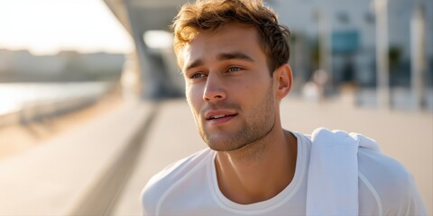 Young caucasian male jogger relaxing outdoors after workout