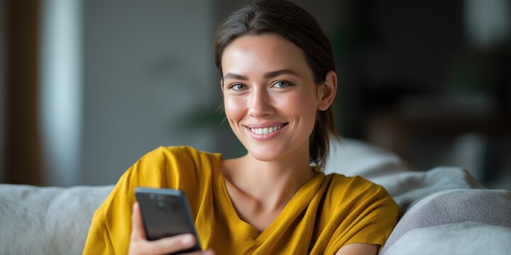 Smiling young adult caucasian woman relaxing on sofa with smartphone