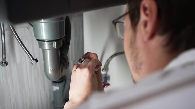 Professional plumber carefully connecting siphon and faucet pipes under kitchen sink, meticulously ensuring proper water flow and optimal drainage system installation