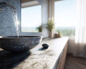 Modern Stone Vessel Sink With Water Feature