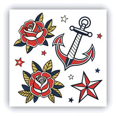 The image you’ve uploaded is a vibrant collection of vintage tattoo flash designs, featuring traditional American tattoo motifs such as roses, hearts, daggers, wings, keys, and banners with words like