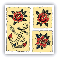 The image you’ve uploaded is a vibrant collection of vintage tattoo flash designs, featuring traditional American tattoo motifs such as roses, hearts, daggers, wings, keys, and banners with words like