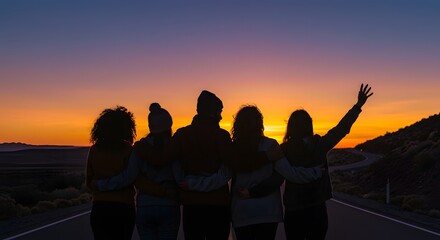 A group of five friends stand on a road at sunset, silhouetted against a vibrant orange and purple sky, embracing and enjoying the scenic view.