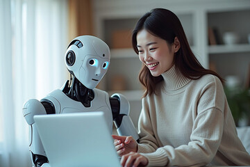 Woman and AI humanoid robot work together and collaborating while looking at a laptop, symbolizing AI partnership help job