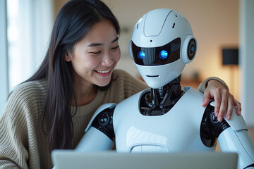 Woman and AI humanoid robot work together and collaborating while looking at a laptop, symbolizing AI partnership help job