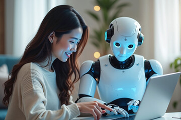 Woman and AI humanoid robot work together and collaborating while looking at a laptop, symbolizing AI partnership help job