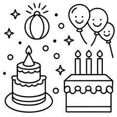 Happy Birthday Elements Line Art Vector Pack