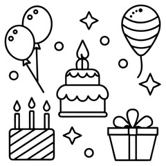 Happy Birthday Elements Line Art Vector Pack