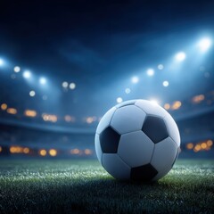 Fototapeta premium A close-up of a soccer ball on a grassy field, illuminated by stadium lights, creating a dramatic atmosphere for the game.