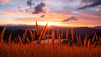 Golden Field Reaching towards a Colorful Sunset over Distant Mountains and Lake