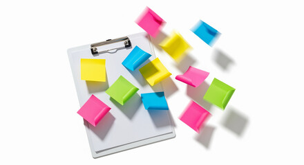 Brainstorming colorful ideas with floating sticky notes on clipboard for dynamic planning and vibrant creativity in modern workplace