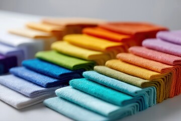 Colorful arrangement of folded fabric in gradient spectrum of rainbow hues