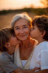 Fototapeta premium Caucasian elderly female with grandchildren at sunset