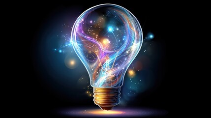 A vibrant, glowing light bulb radiates colorful energy and sparkles against a dark background, symbolizing creativity and inspiration.
