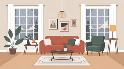Cozy living room with terracotta sofa, green armchair, and warm decor.
