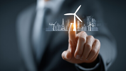 Businessman Touches Wind Turbine Icon on Virtual Screen with Non-Renewable Energy Symbols