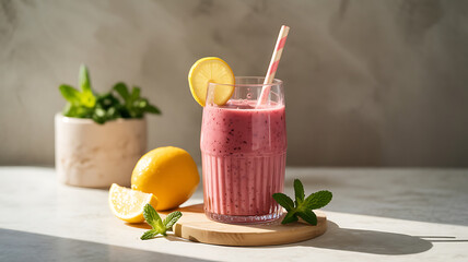 Fototapeta premium Pink smoothie in glass, garnished with lemon and mint. 