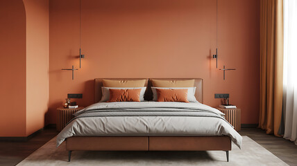 Warm terracotta bedroom with a cozy bed.
