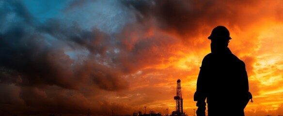 The silhouette of a worker against a vibrant sunset at an oil drilling site.