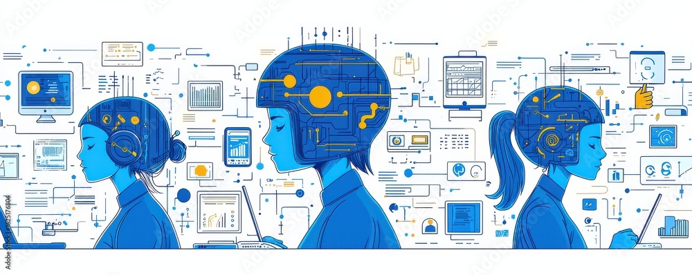 Poster coworkers and robot collaborating in a technology-driven office setting