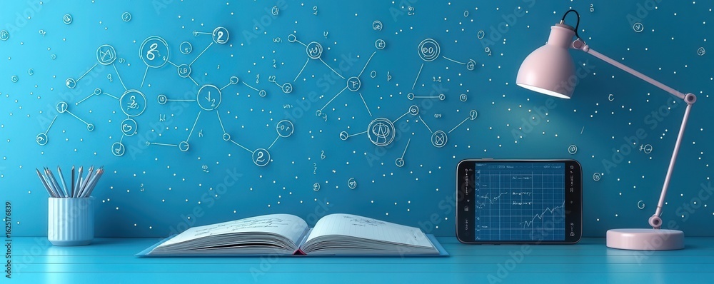 Aufkleber futuristic educational setup with an interactive notebook and smartphone holograms