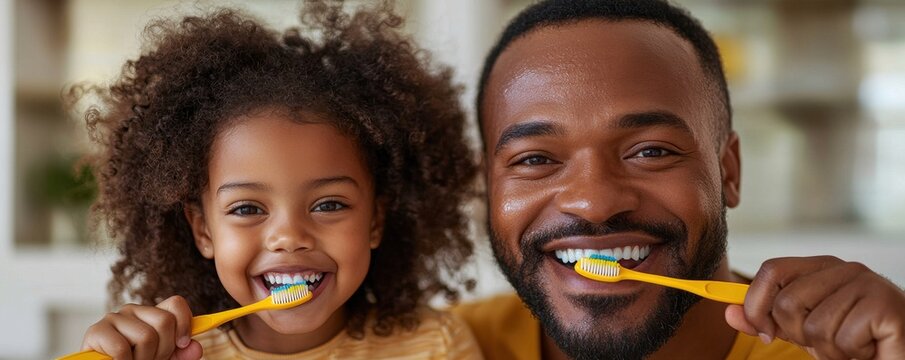 Father and daughter smiling while brushing teeth at home together