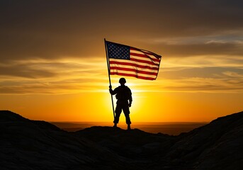 Silhouette of soldier holding american flag during sunset in a patriotic scene