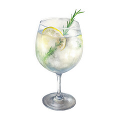 Watercolor  illustration of a refreshing gin and tonic cocktail with ice lemon and rosemary garnish isolated on transparent background