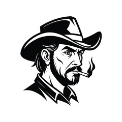 Stylized black and white illustration of a rugged cowboy with a beard and a hat, smoking a cigarette, conveying a sense of toughness and classic western imagery