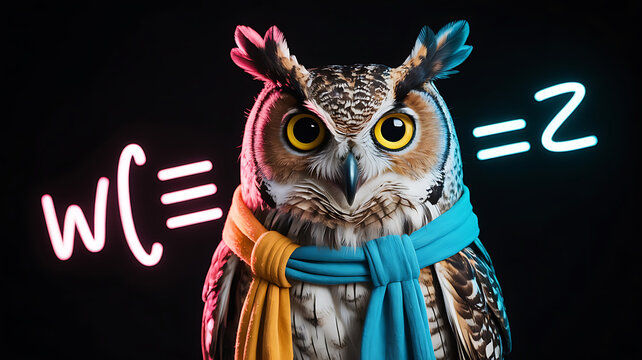 Owl wearing colorful scarf, mathematical symbols.
