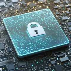 Lock on computer chip - technology security concept