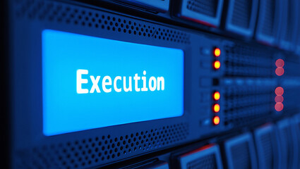 Server rack with glowing blue screen displaying the word execution