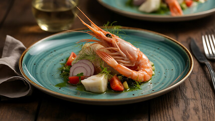 Fresh shrimp salad, vibrant colors on a teal plate.
