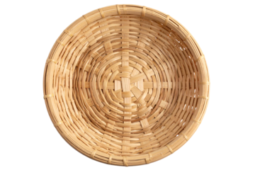 Round Handwoven Palm Leaf Basket with Natural Color Variations, isolated on transparent background