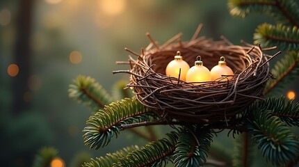 Bird nest with glowing Christmas ornaments on pine branch