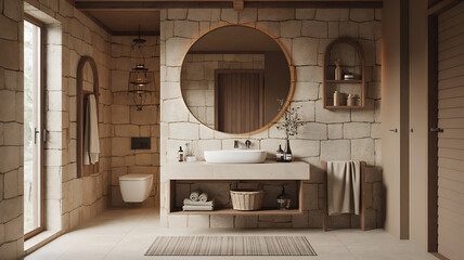 Rustic bathroom with stone walls, round mirror, and natural tones.
