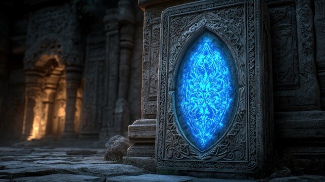 Ancient stone pillar with glowing blue amulet