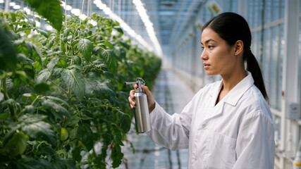 Scientist in a greenhouse. An Asian female botanist sprays tomato plants in a modern agricultural research facility.