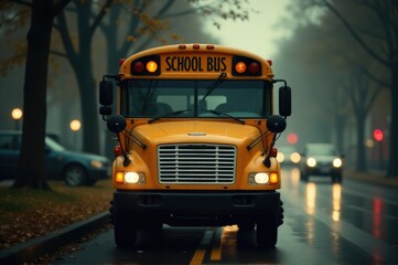 Obraz premium A school bus traveling through the rain, ideal for weather-themed or transportation-related imagery