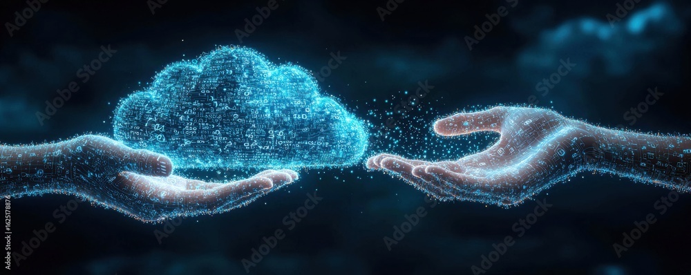 Poster hands presenting a glowing digital cloud with sparkling data on a dark background