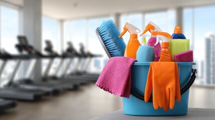 Colorful Cleaning Supplies In Bucket In Gym
