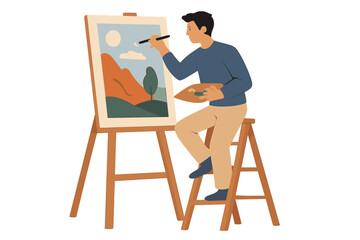 A man on a ladder is painting a picture in front of a Silhouette White background