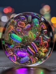 Colorful Microorganisms In Glass Petri Dish With City Lights Background