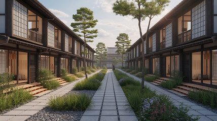 Obraz premium Peaceful Japanese-style alleyway lined with traditional homes. 