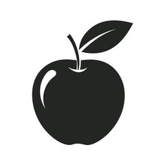 Simple black silhouette of a ripe apple with a stem and a single leaf, isolated on a clean white background, representing healthy eating and natural produce