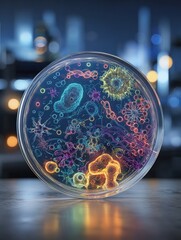 Glowing Bacteria In Petri Dish Under Modern Microscope