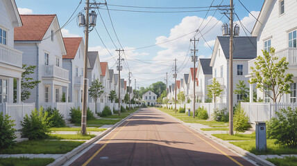 Quiet residential street lined with white houses.
