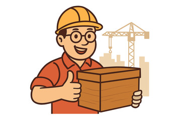Illustration of a cartoon construction worker wearing a hardhat and standing with a wooden box, giving a thumbs up