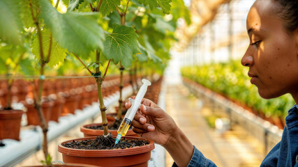 Plant science research. A female scientist injects a liquid into the soil of a young grapevine with a syringe in a greenhouse setting.